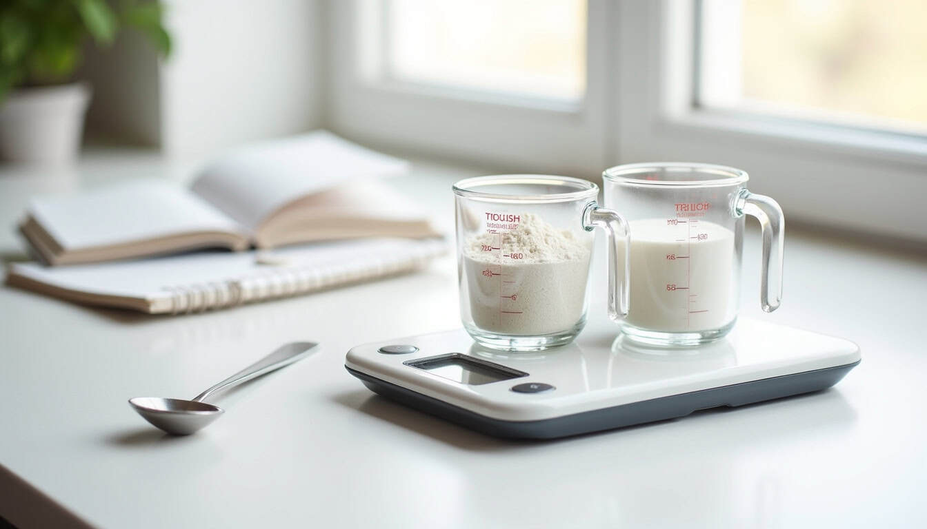 Balance de cuisine avec deux verres doseurs contenant de la farine et du liquide.