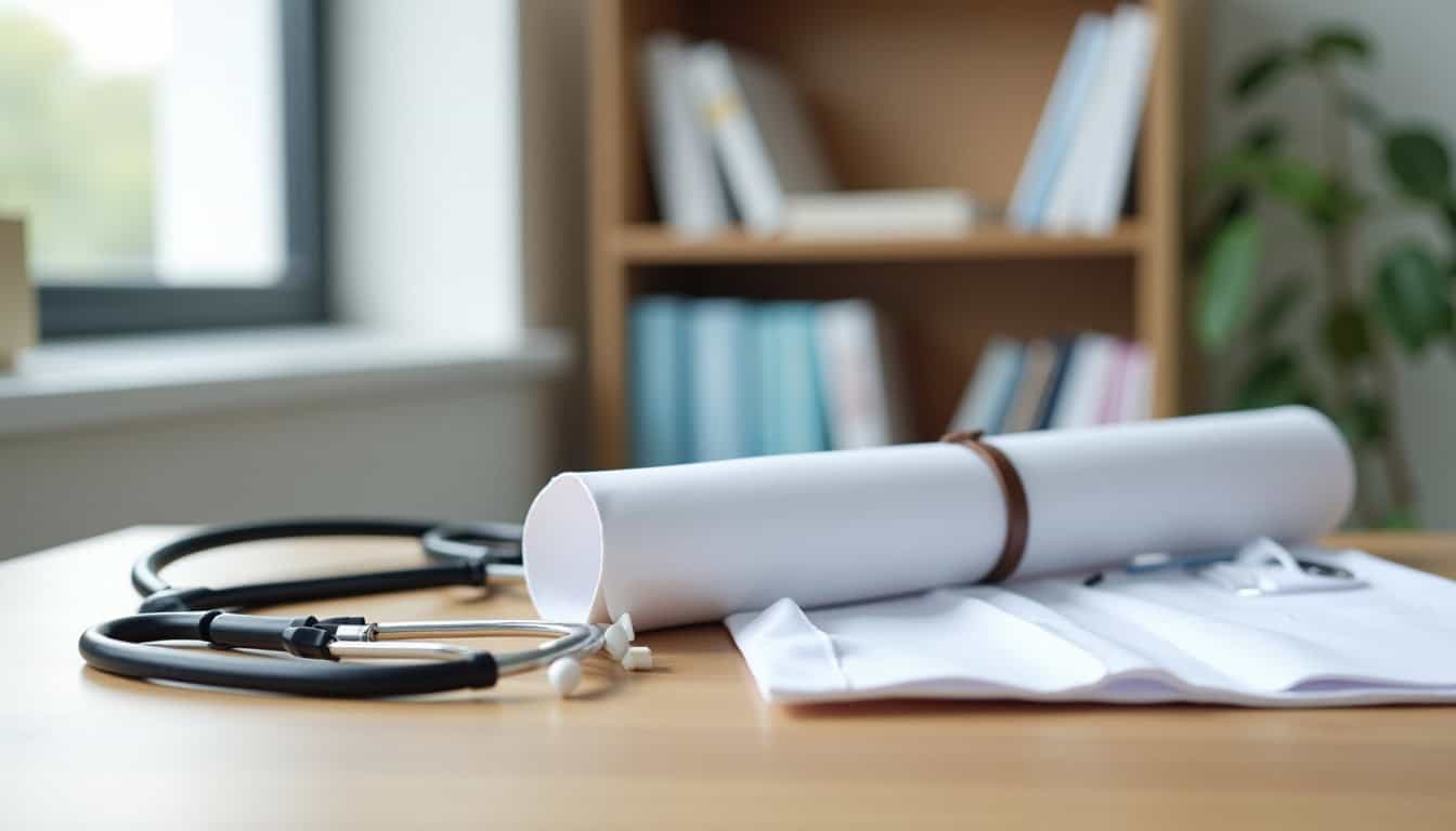 Papiers, plans et stéthoscope sur un bureau médical pour consultation ou diagnostic.