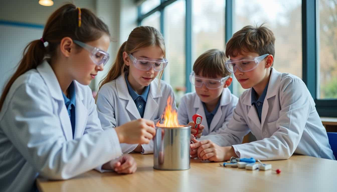 Jeunes étudiants en science avec expérience de laboratoire, portant des lunettes de protection.