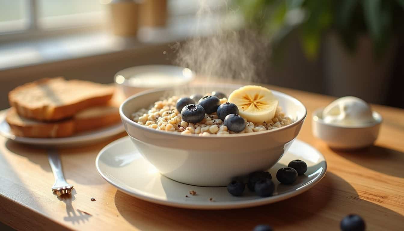 Bol de flocons d'avoine avec banane et myrtilles, petit-déjeuner nutritif et équilibré.