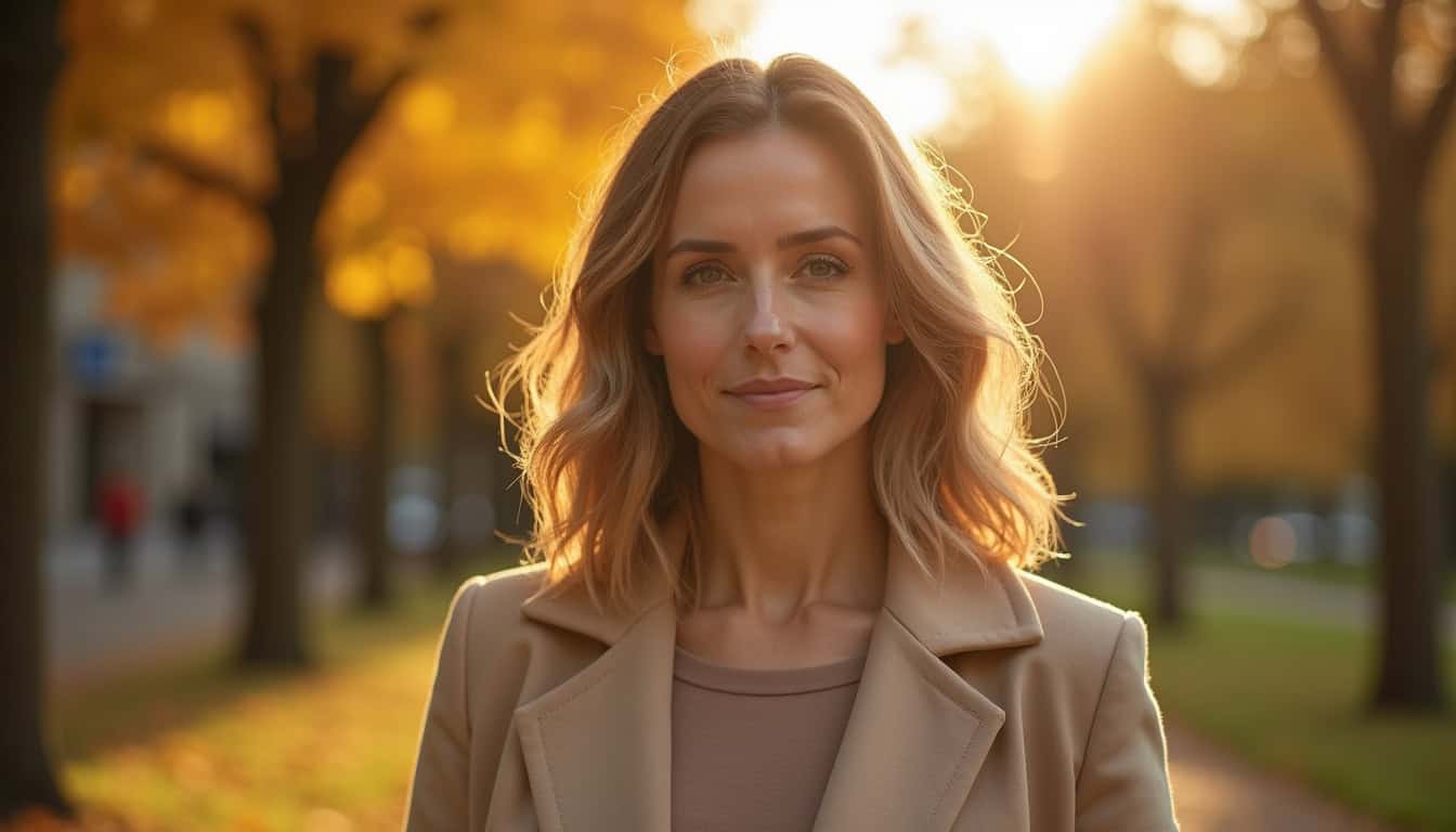 Femme souriante dans un parc en automne, ensoleillé, avec des arbres aux feuilles dorées.