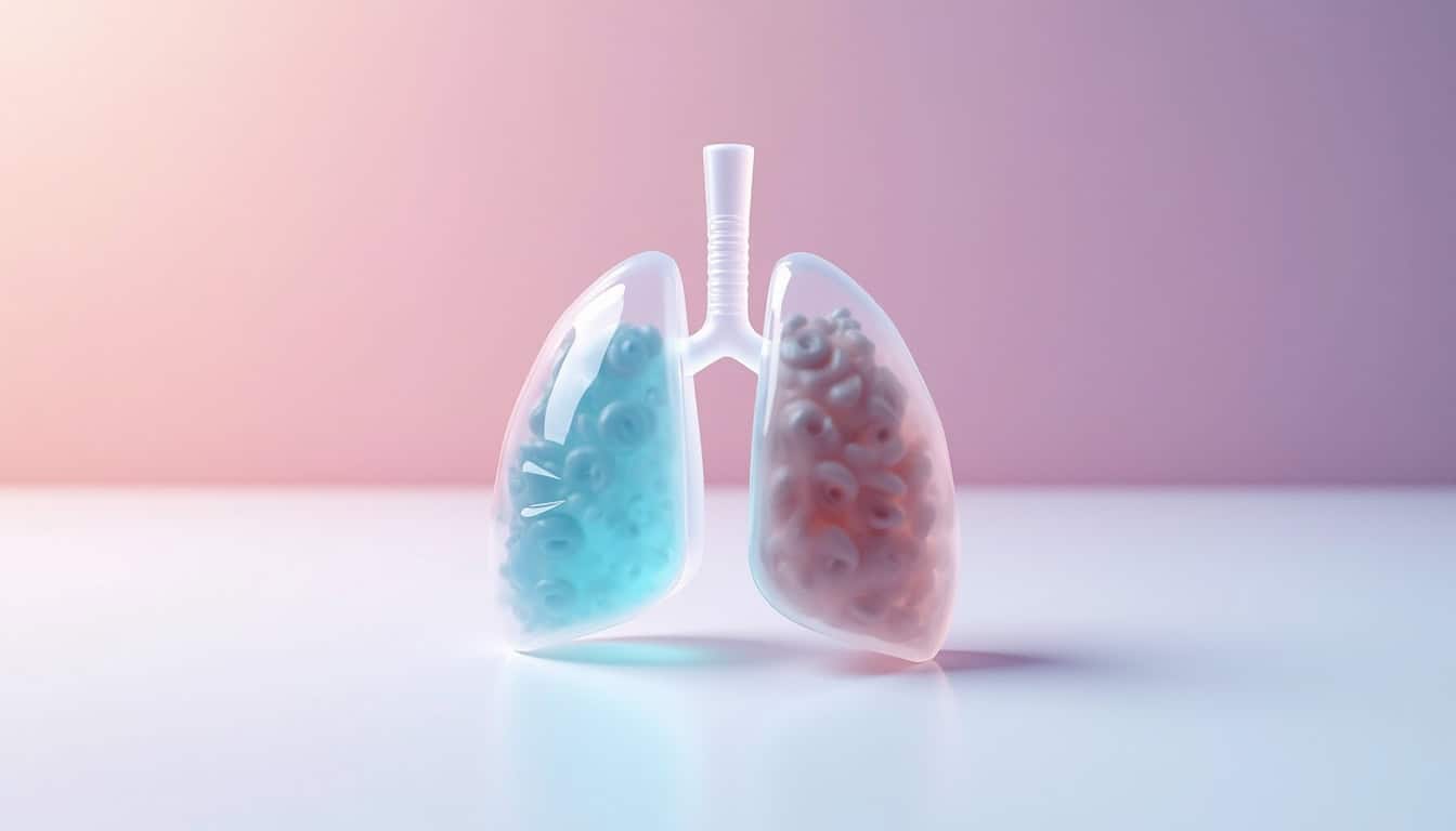 Poumon en plastique avec capsules de médicaments pour traitement respiratoire.