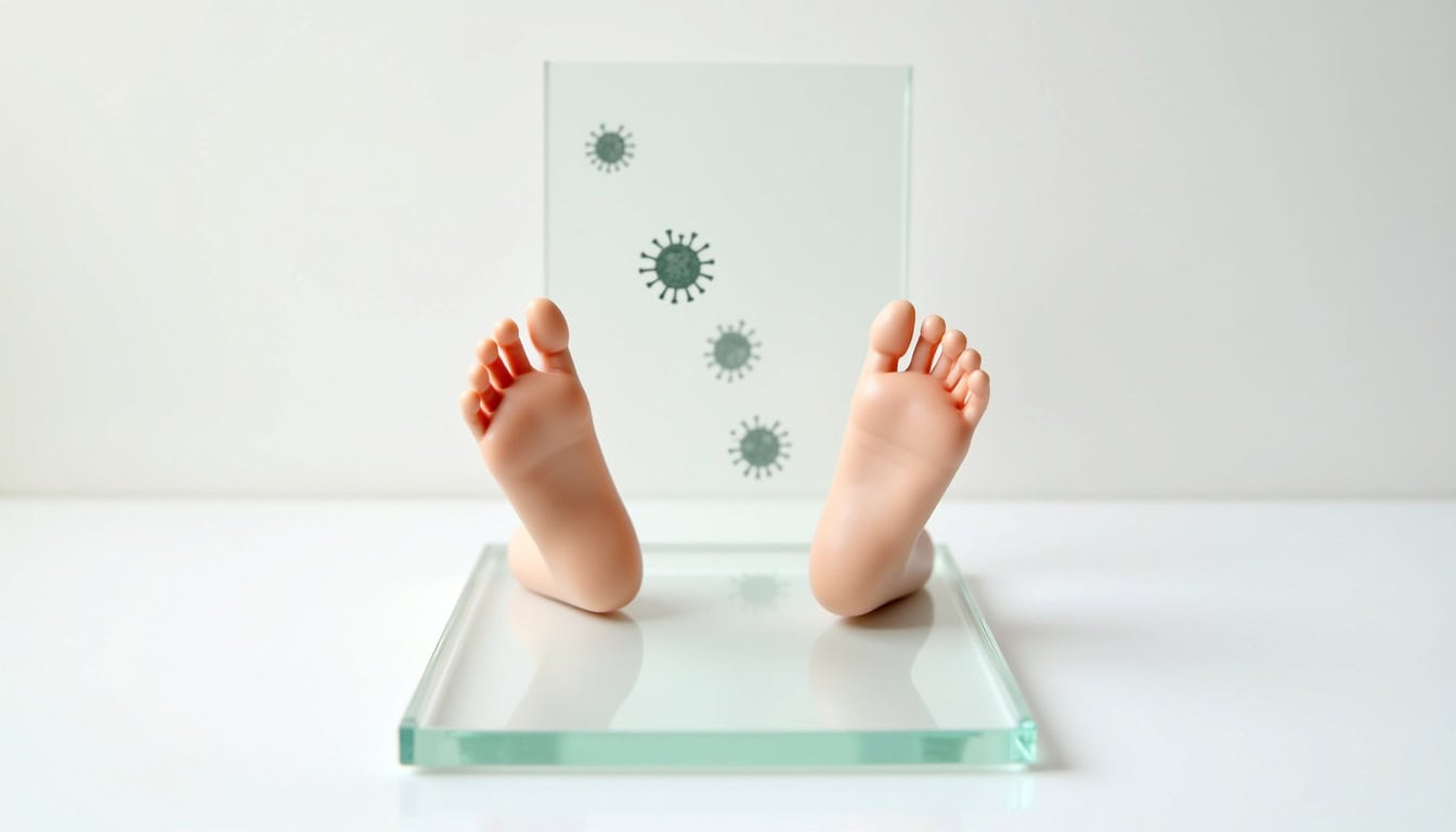 Pieds et verre en verre avec virus, symbole de contamination ou de risque sanitaire.