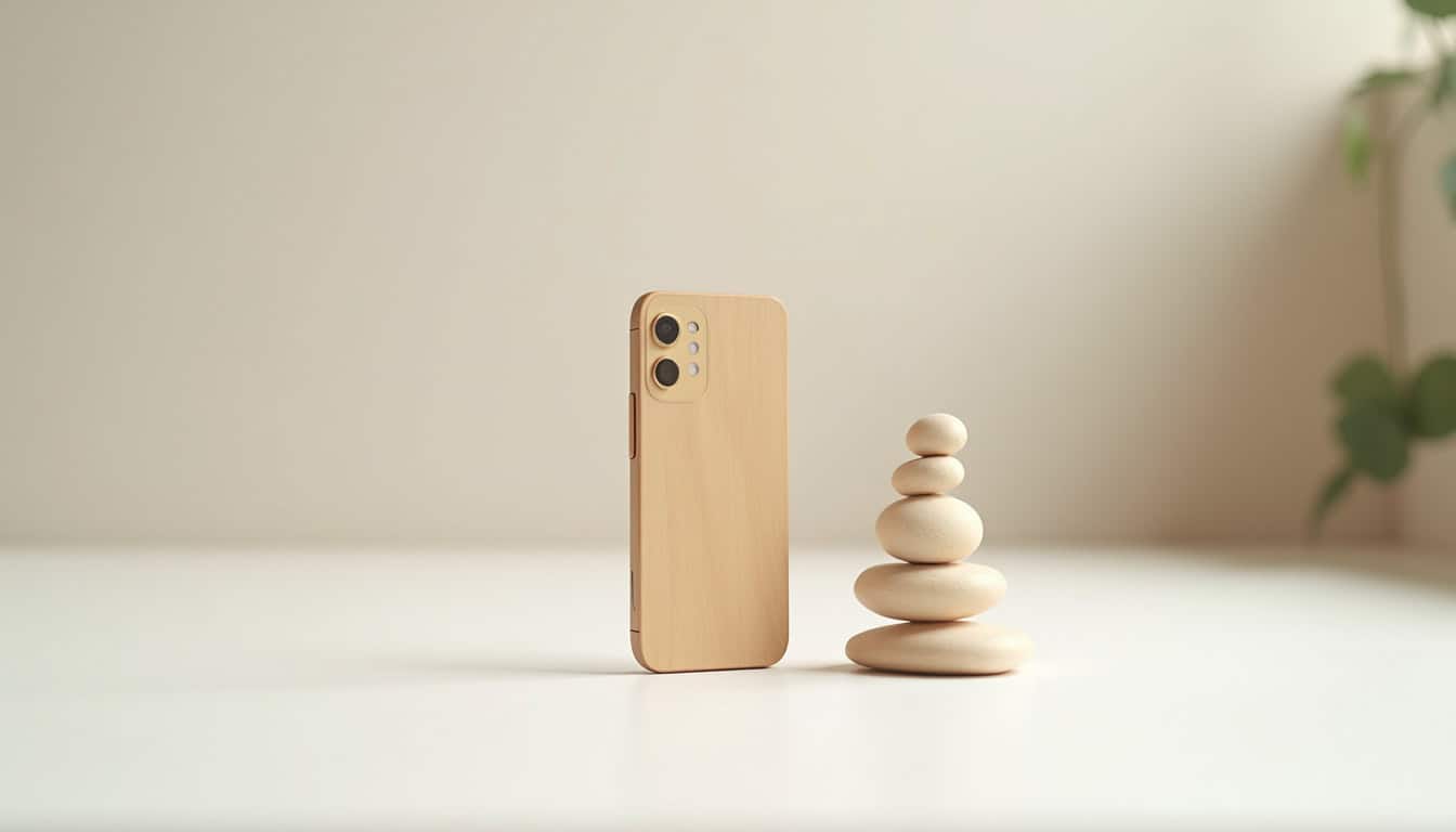 Smartphone en bois naturel à côté de pierres empilées, environnement écologique.