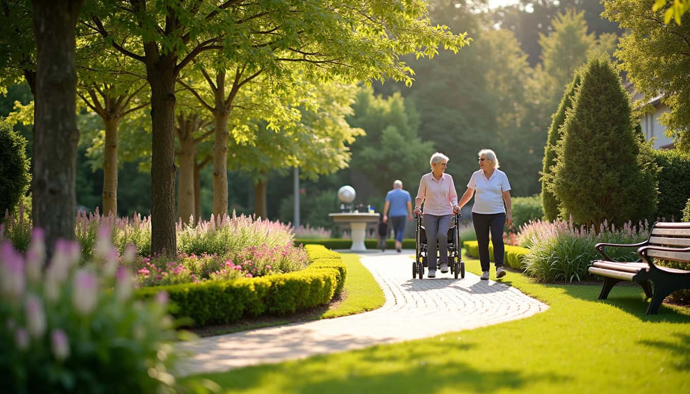 Deux personnes âgées se baladent dans un parc verdoyant, ensoleillé, avec des arbres et des fleur.