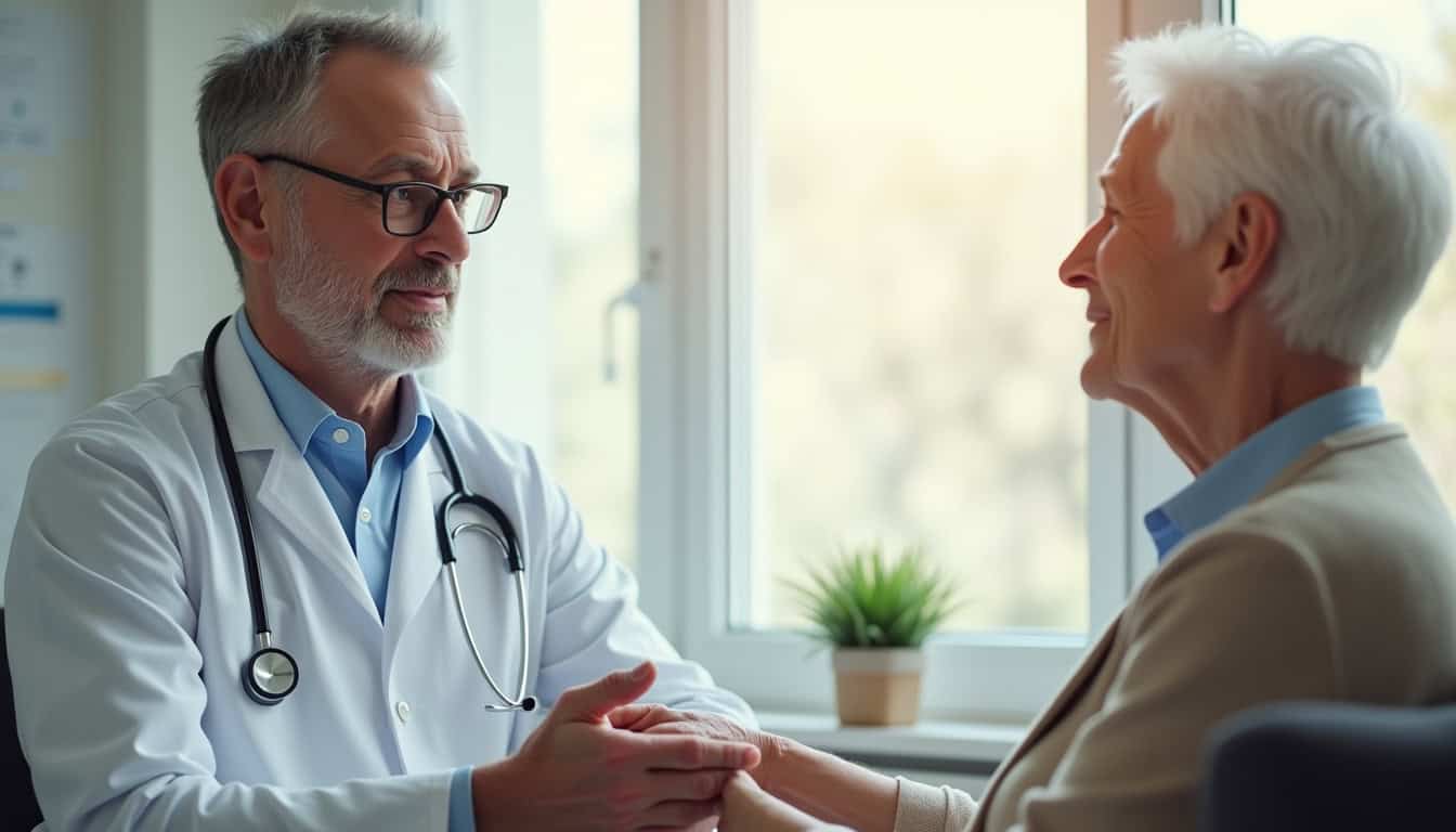 Vétérinaire rassurant une patiente âgée lors d'une consultation.