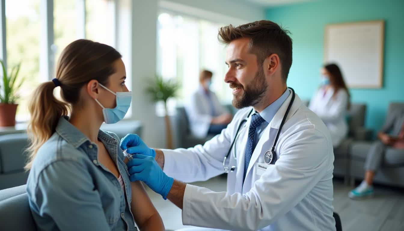 Médecin administrant un vaccin à une patiente dans un cabinet médical moderne.