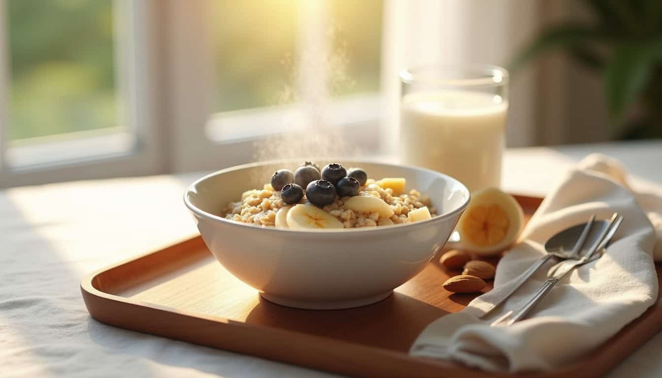 Petit-déjeuner nutritif avec céréales, bananes et myrtilles dans un bol, accompagné d’un verre de la.
