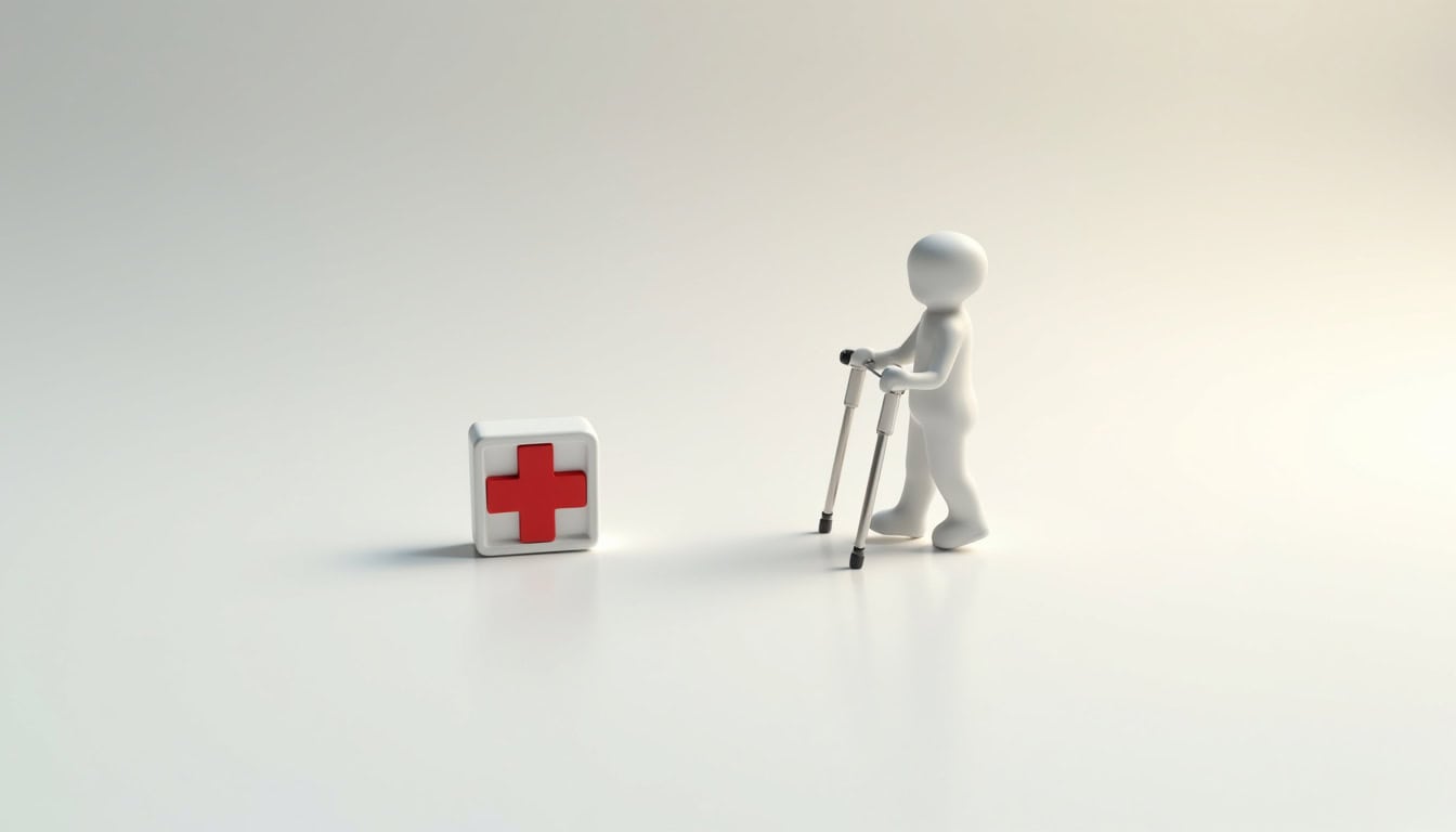 Figurine avec déambulateur à côté d’un panneau de secours rouge et blanc.