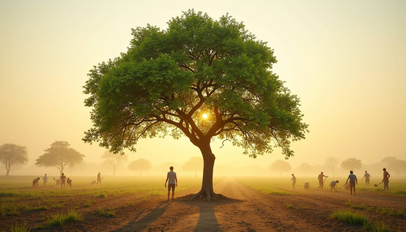 Arbre imposant au centre avec le soleil levant derrière, dans un paysage naturel.