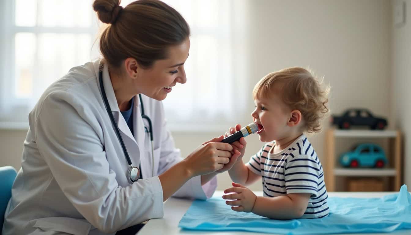 Pédiatre utilisant un otoscope pour examiner un jeune patient dans un cabinet médical.