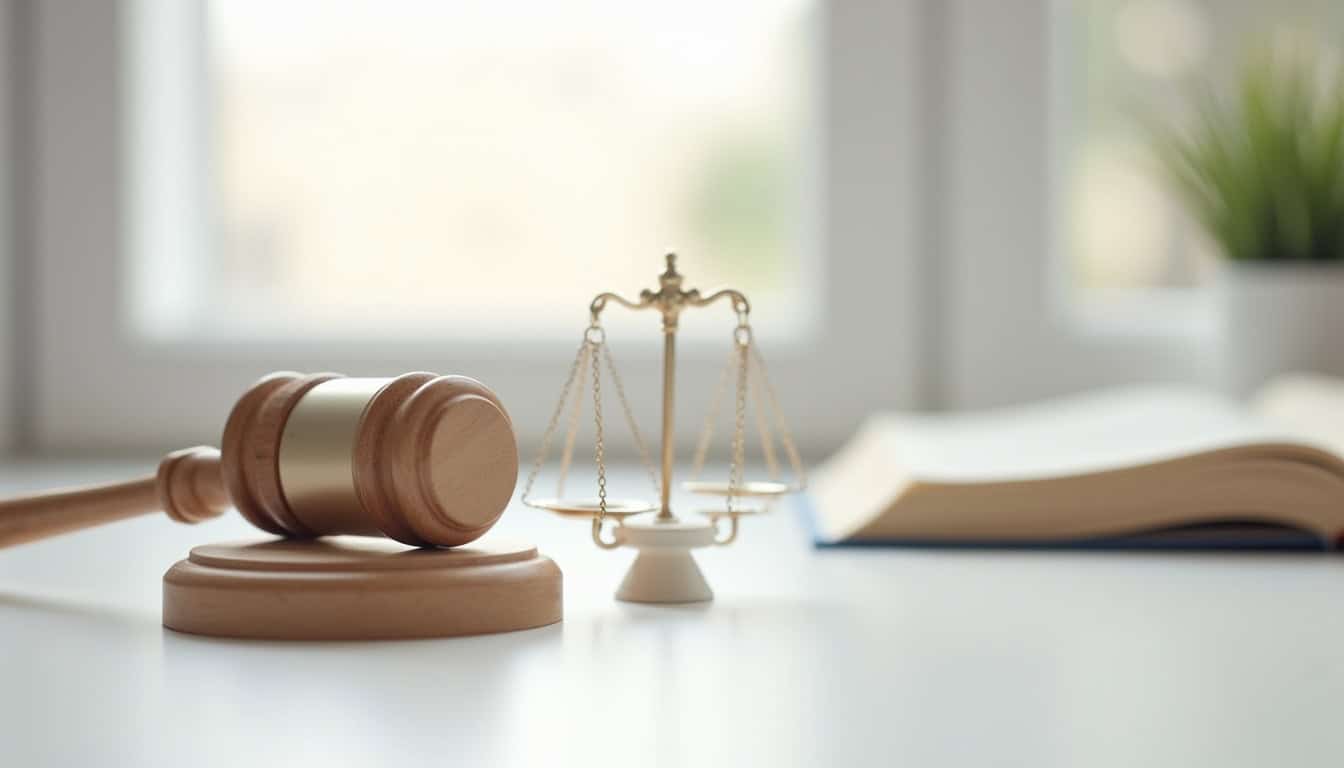 Gavel et balance de justice sur un bureau.