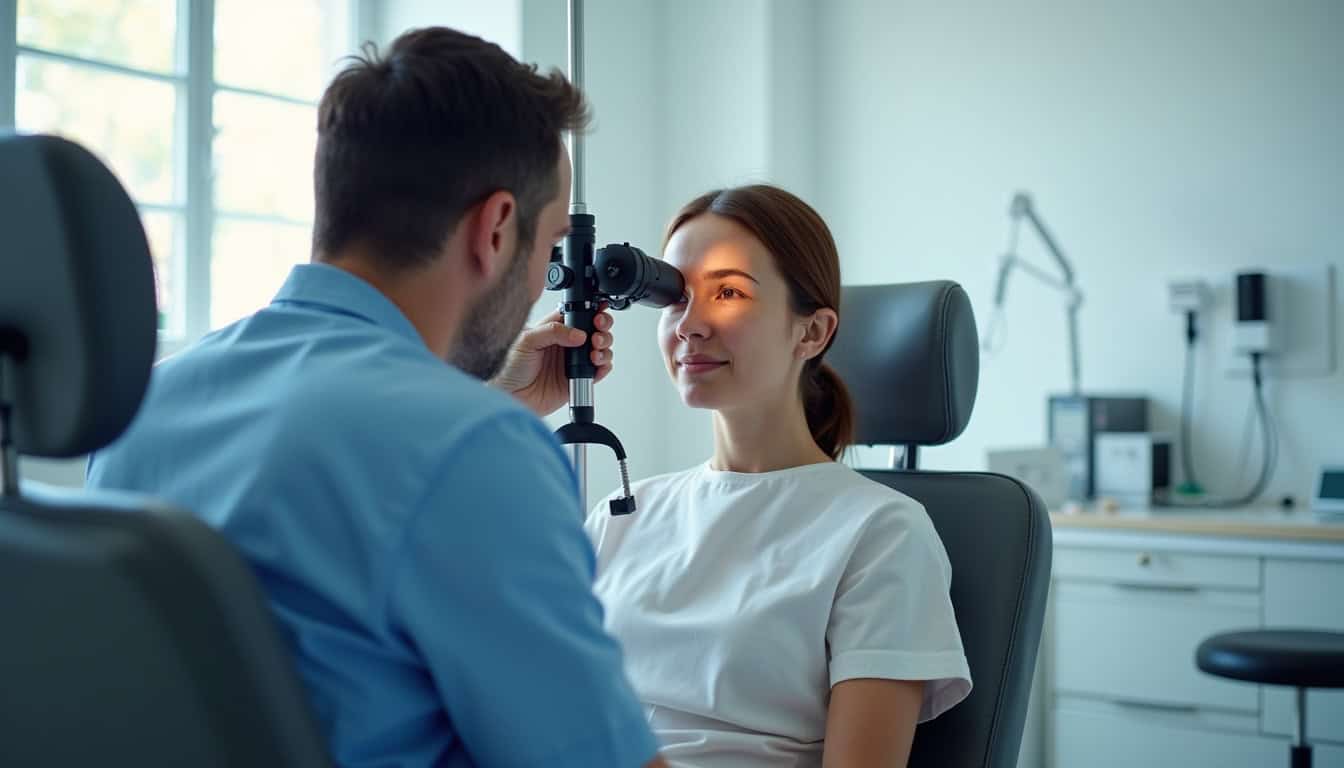 Ophtalmologiste examinant une patiente dans un cabinet médical moderne.