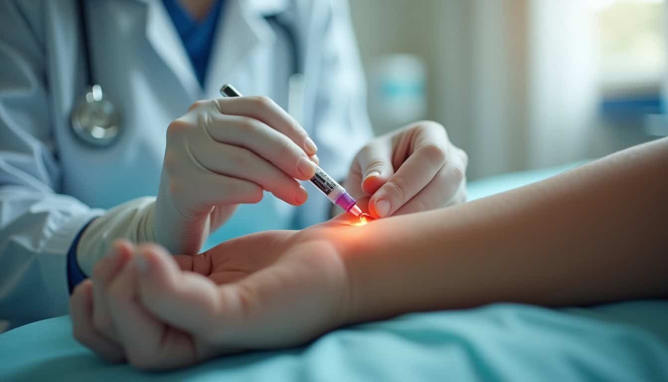 Piqûre d'urgence administrée par un professionnel de santé sur le bras d'un patient.