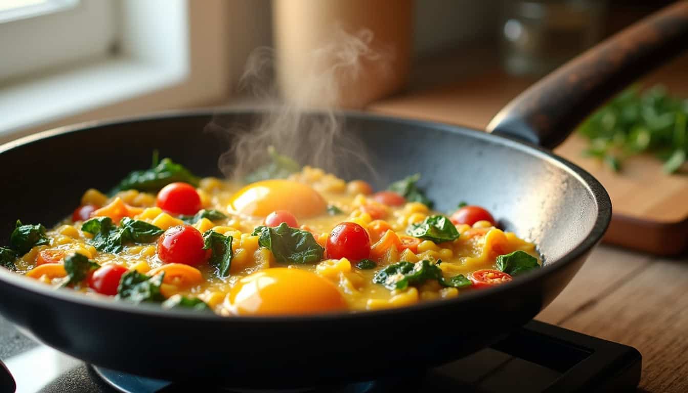 Friture d'œufs avec légumes frais dans une poêle chaude, prêt à servir.