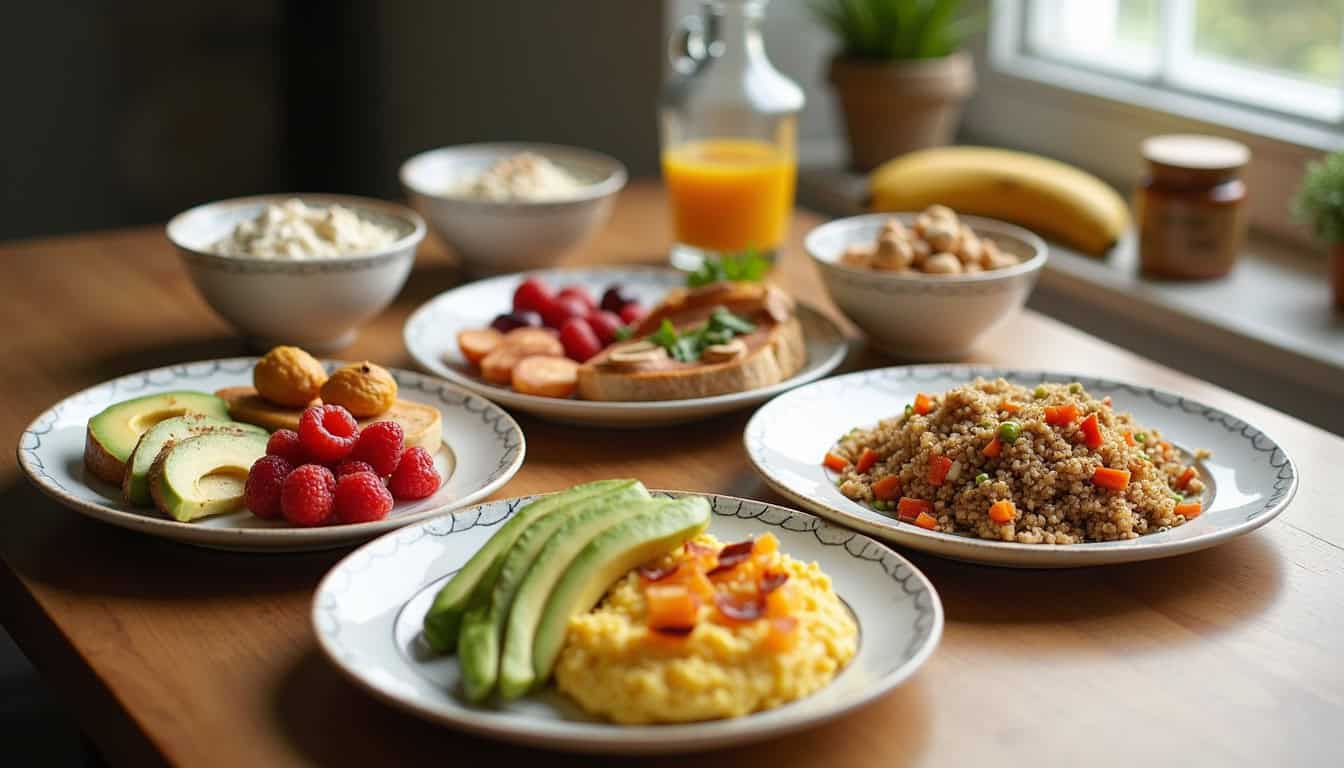 Petit déjeuner sain avec fruits, céréales et jus d'orange sur une table lumineuse.