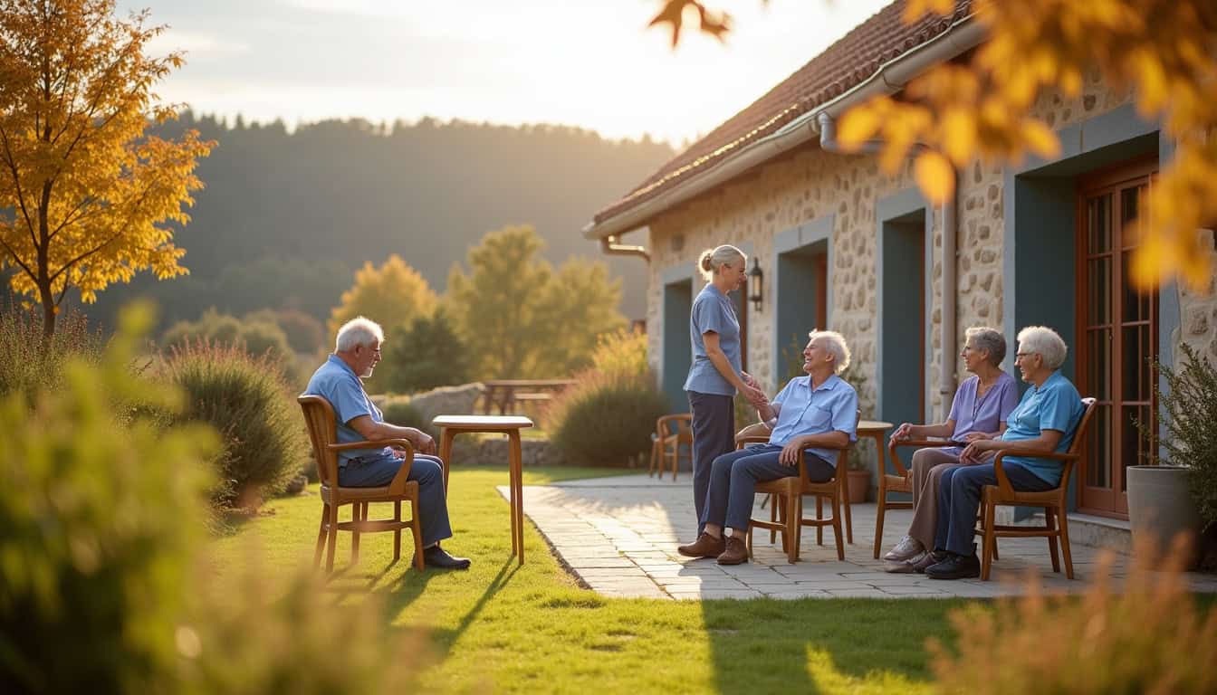 Pique-nique en maison de retraite avec résidents et personnel en extérieur, ambiance conviviale et p.