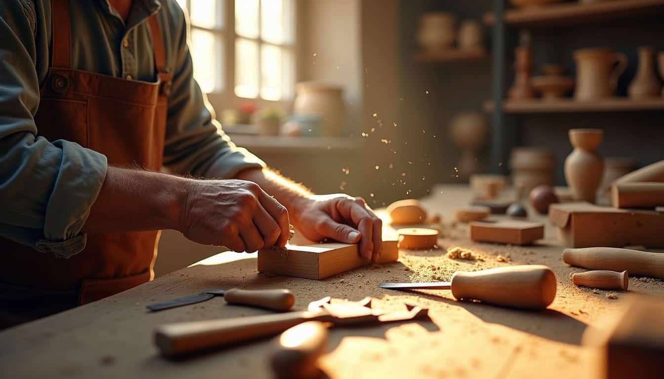 Artisan façonnant de la céramique dans un atelier lumineux.