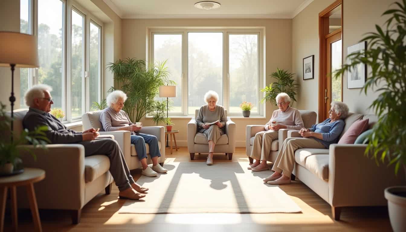 Groupe de seniors en séance de thérapie ou de groupe de soutien dans un salon lumineux.