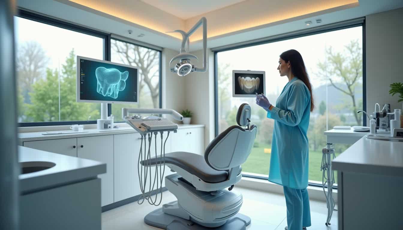 Salle de soins dentaires avec équipement high-tech et dentiste en action.