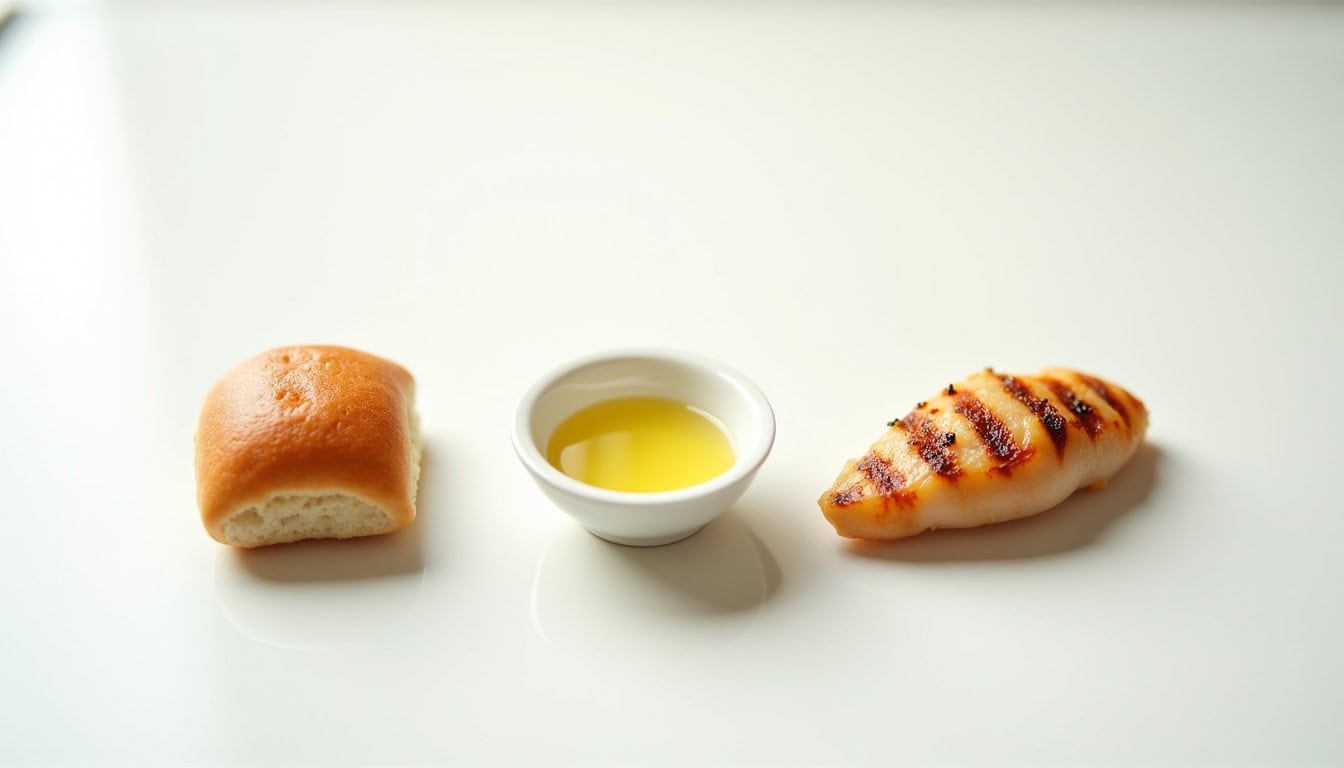 Pain grillé, huile d'olive et pain blanc, image appétissante pour petit déjeuner.