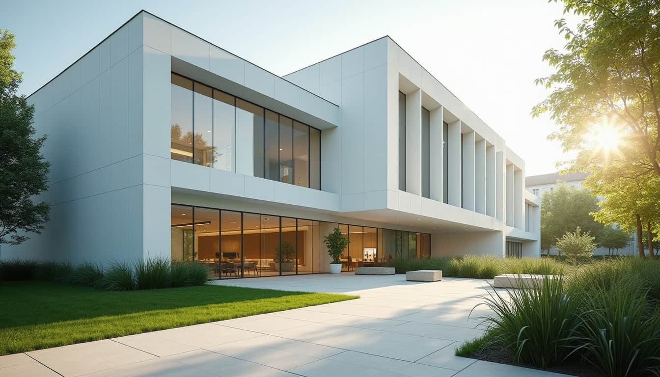Bâtiment moderne avec façade en verre et design épuré, idéal pour des activités professionnelles ou.