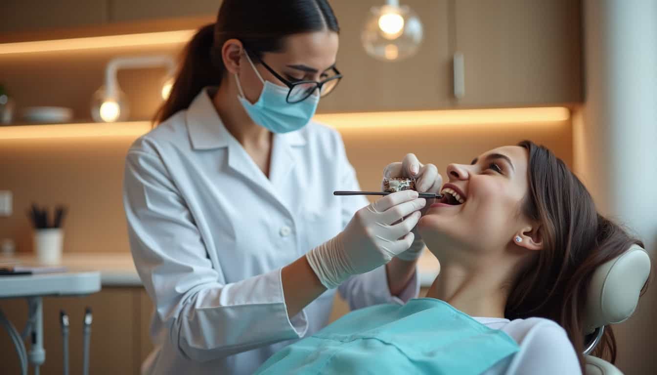 Dentiste effectuant un soin dentaire à une patiente dans un cabinet moderne et bien équipé.