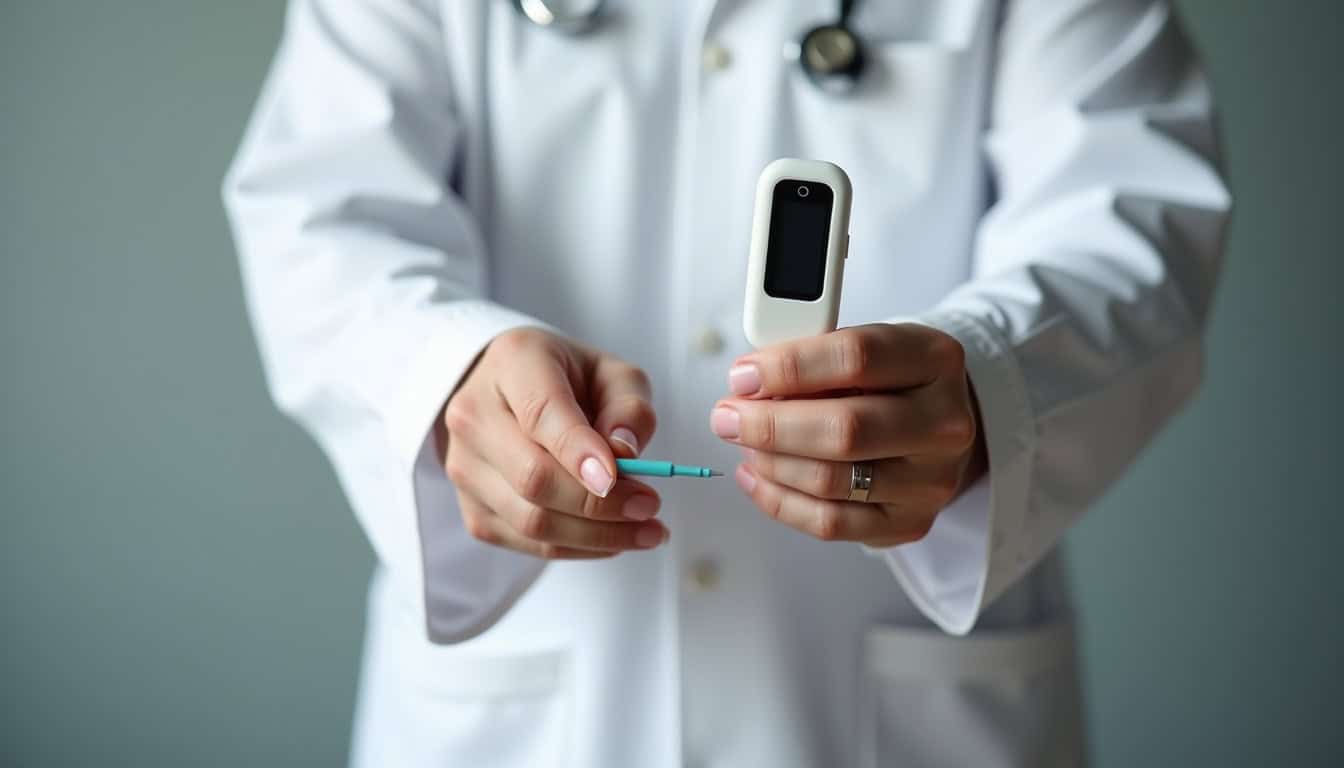 Médecin manipulant un glucomètre et une seringue pour la gestion du diabète.