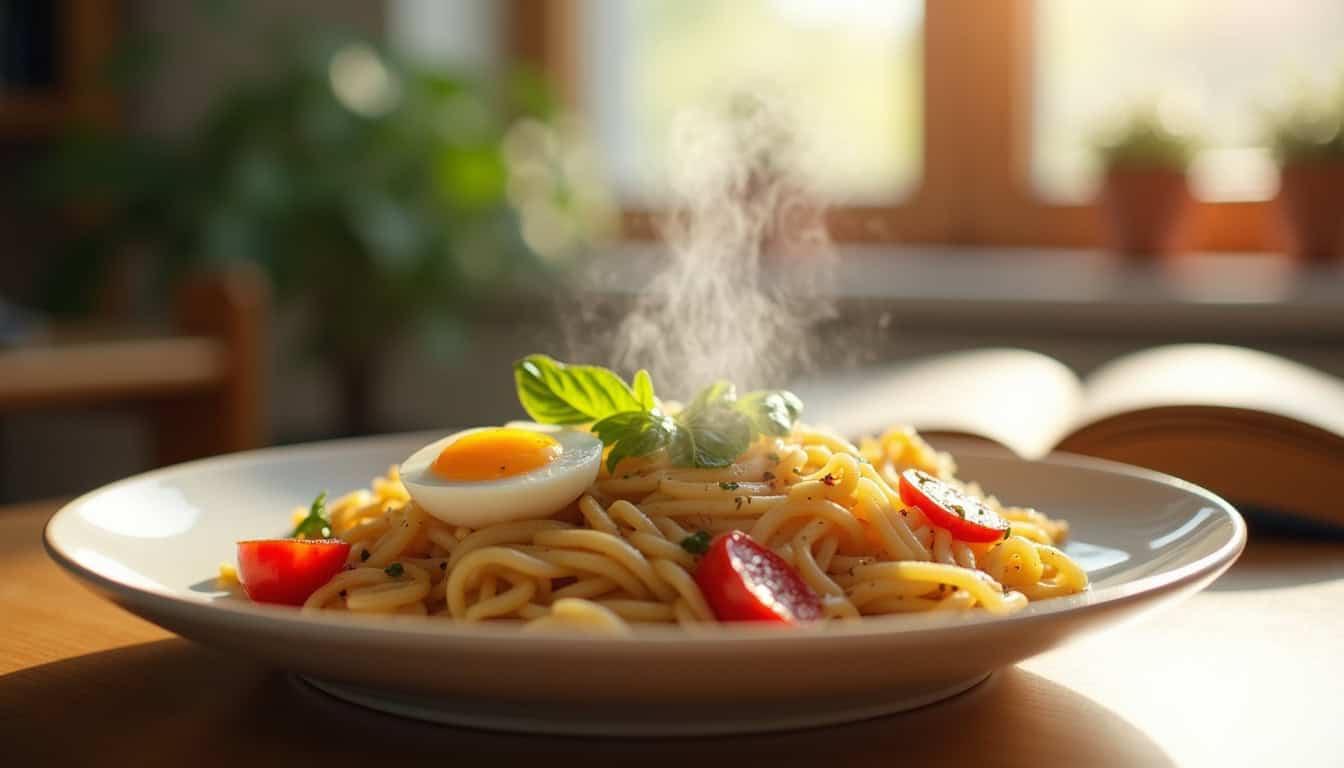 Plat de pâtes fraîches avec œuf, tomates et basilic, prêt à être dégusté.