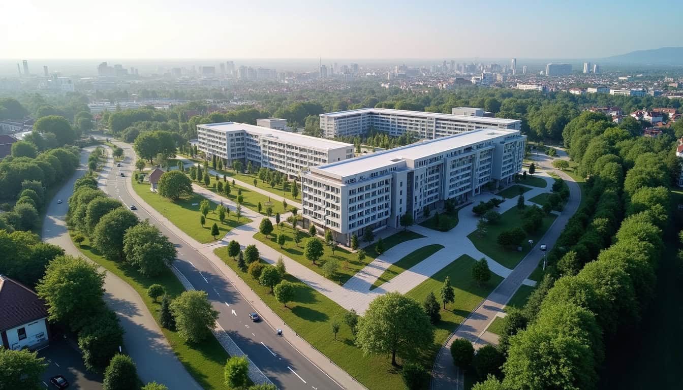 Vue aérienne du Centre de Lutte contre le Cancer Paul-Strauss à Strasbourg, quartier Hautepierre