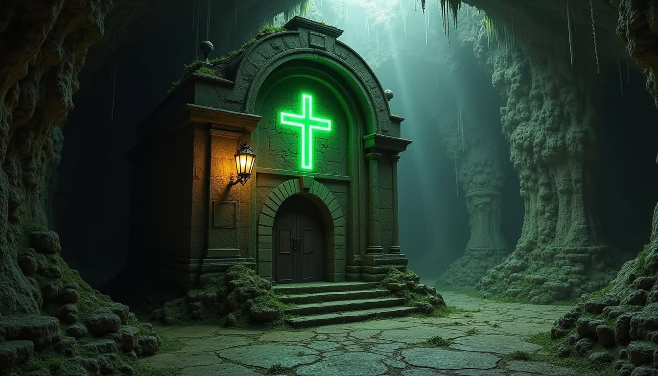 Église souterraine avec croix verte lumineuse dans une grotte mystérieuse.