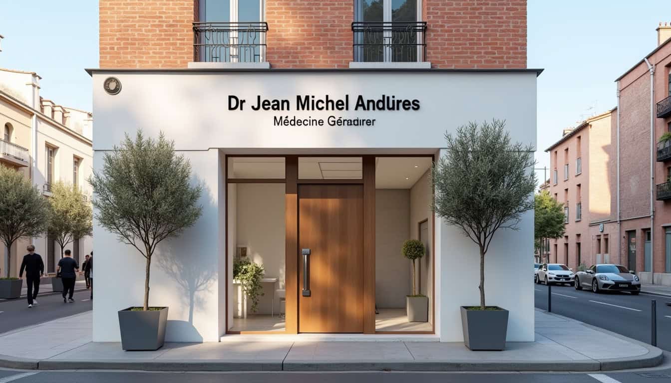 Façade d'un cabinet médical avec deux arbres en pot, nom du médecin Dr Jean Michel Andiures.