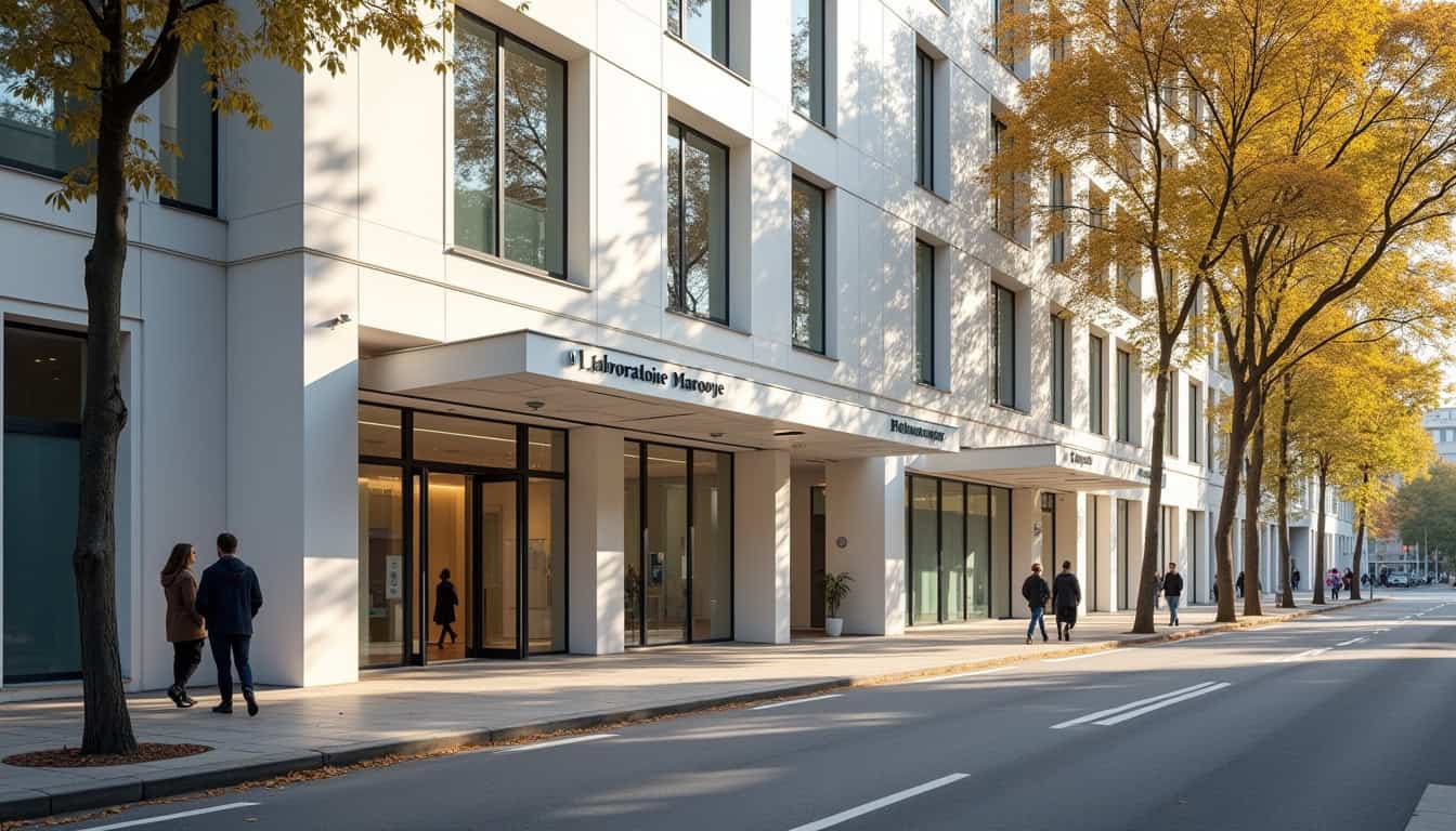 Porte d'entrée moderne d'un bâtiment d'entreprise avec façade en verre et arbres d'automne.