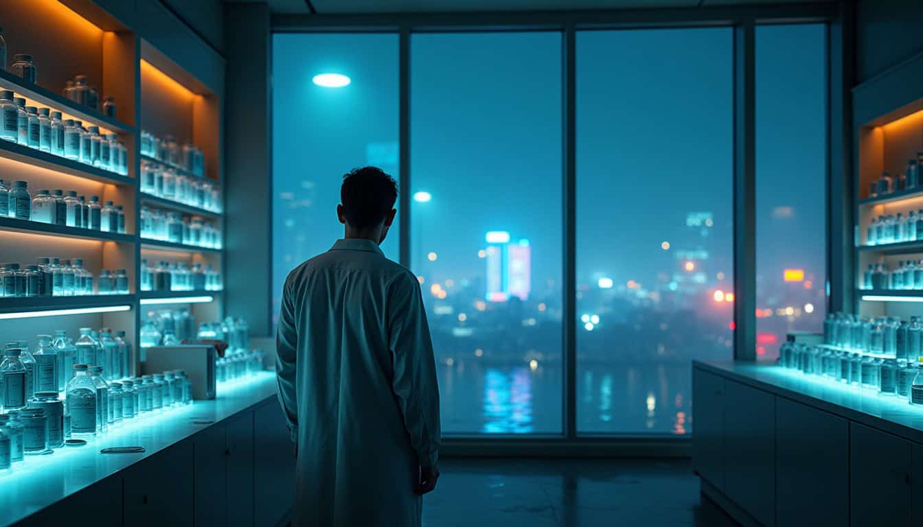 Vitrine de laboratoire avec produits chimiques et équipements, vue nocturne sur la ville.