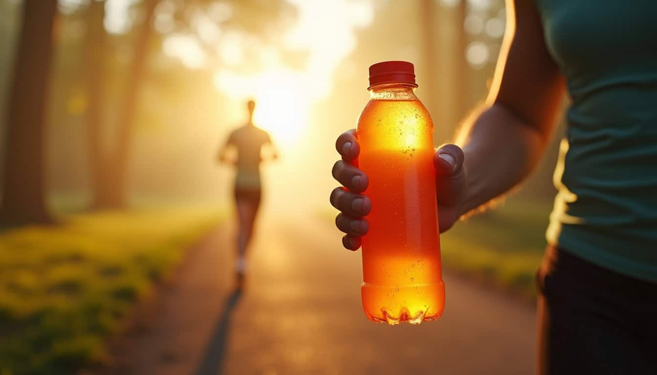 Balayette de recyclage en plastique orange tenue par une personne dans un parc au coucher du soleil.