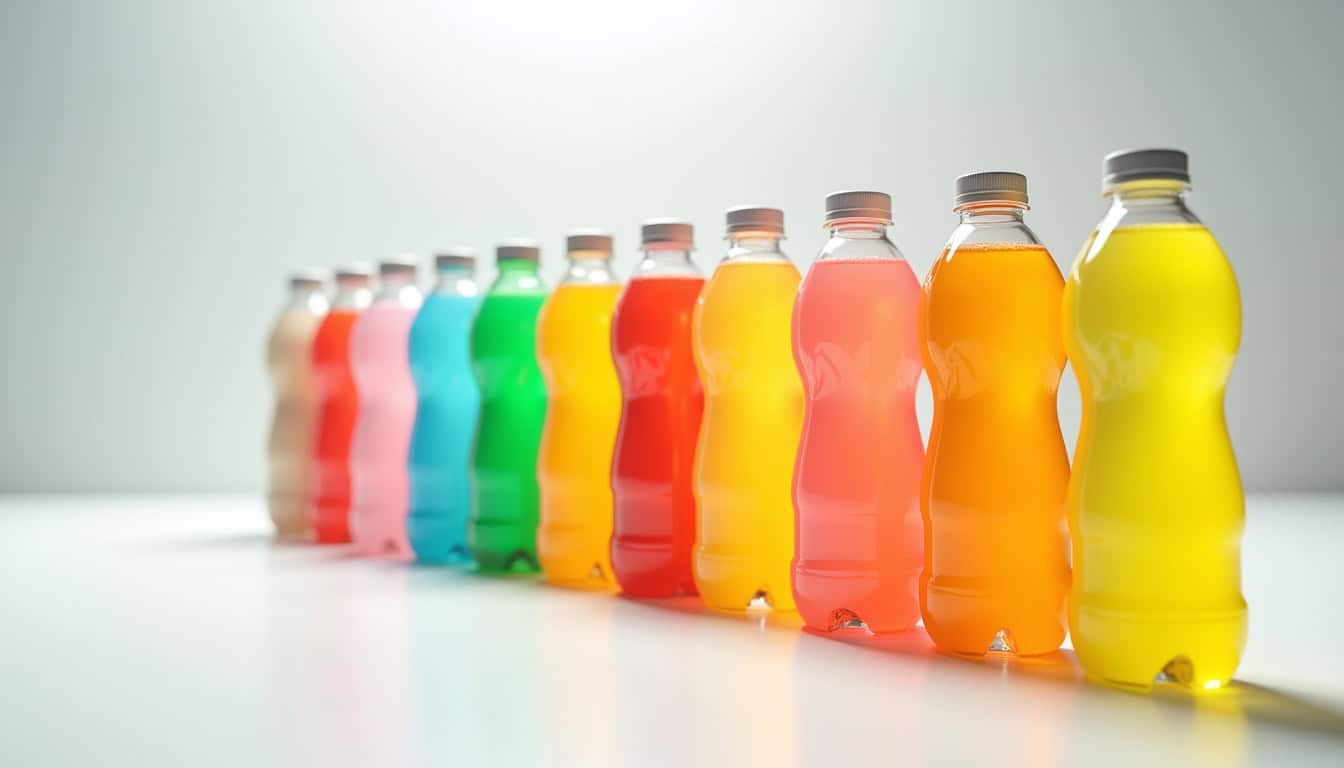 Bouteilles de boissons colorées alignées sur une surface blanche, vue en gros plan.