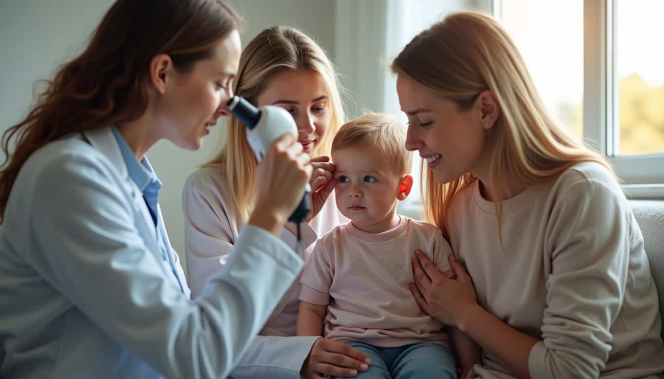 Médecin examinant un jeune enfant avec une mère, consultation médicale familiale.