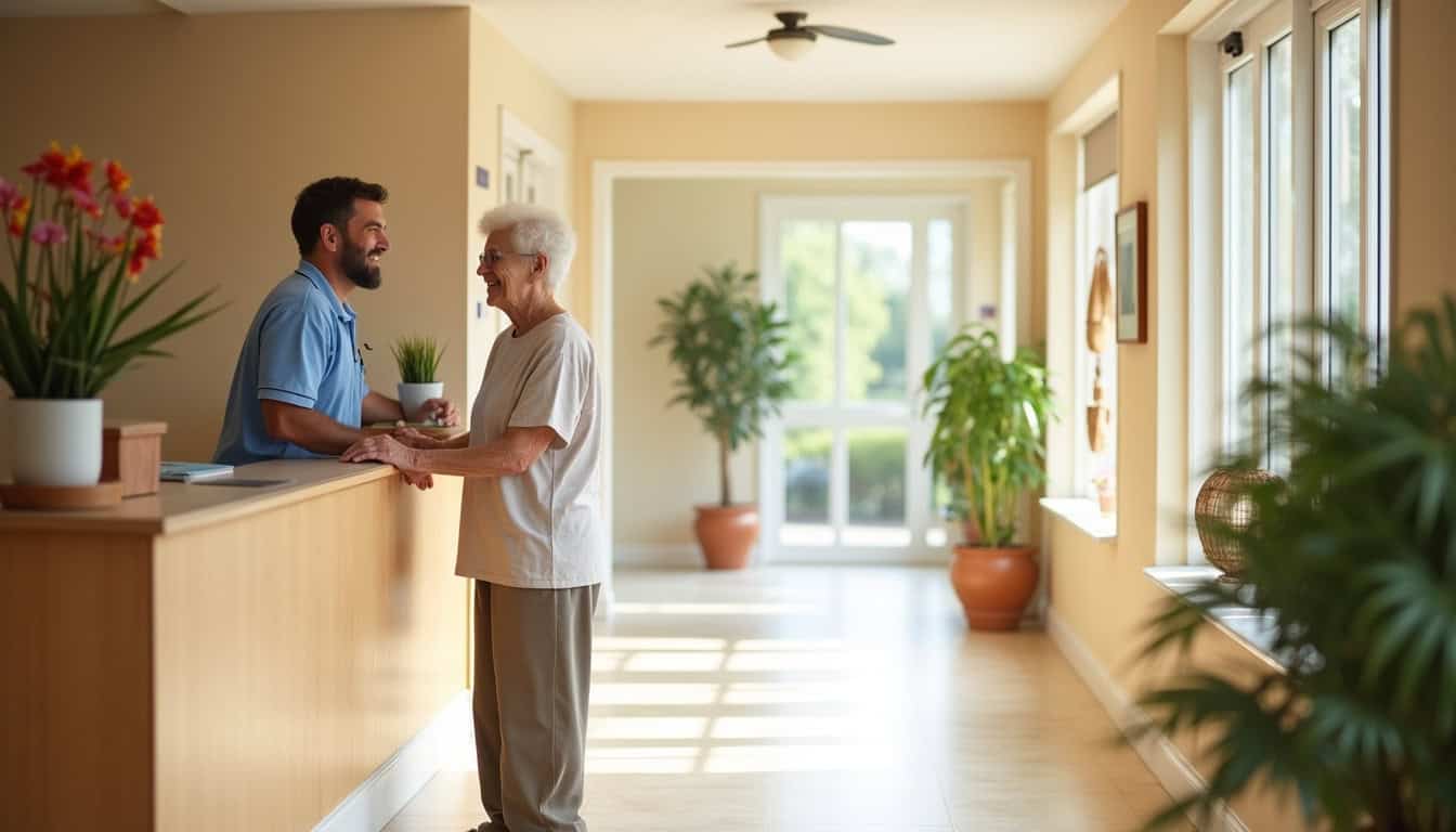 Couloir lumineux d'une résidence autonomie avec accueil et panneaux d'information