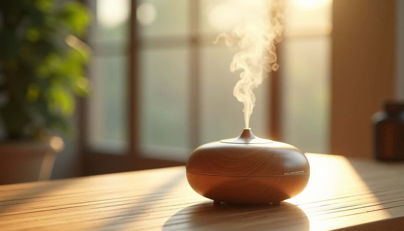 Diffuseur d'huile essentielle en bois diffusant de la vapeur aromatique.