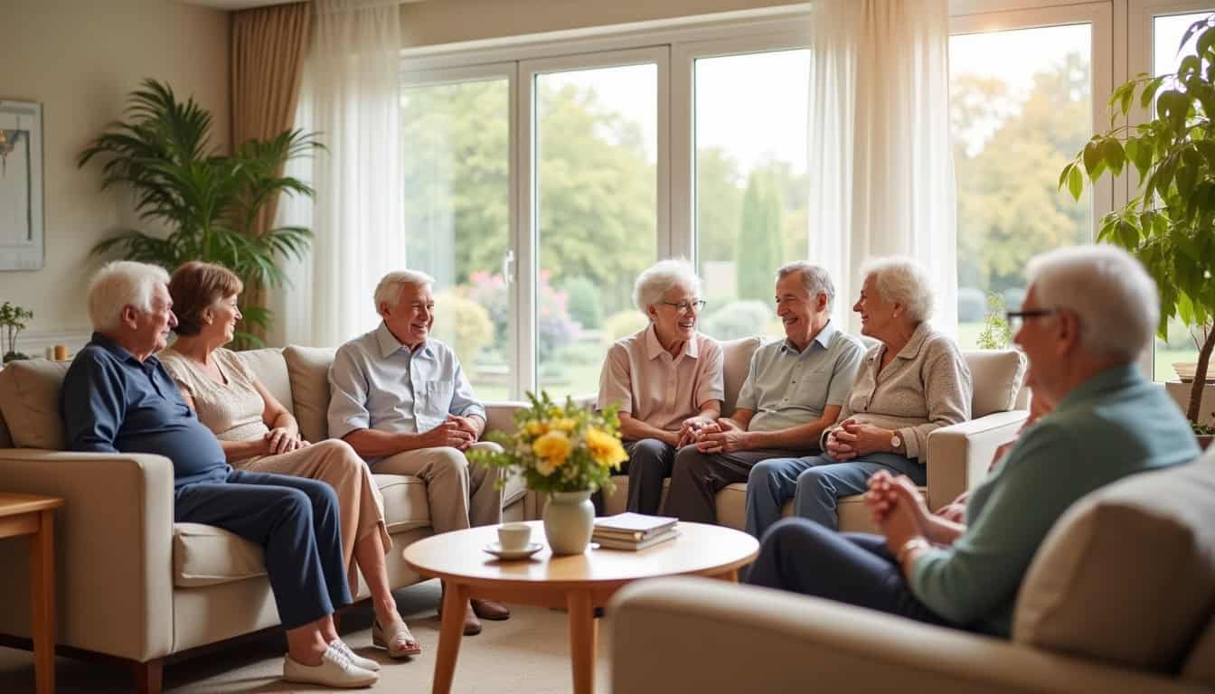Espace salon convivial dans une résidence services seniors avec seniors en discussion