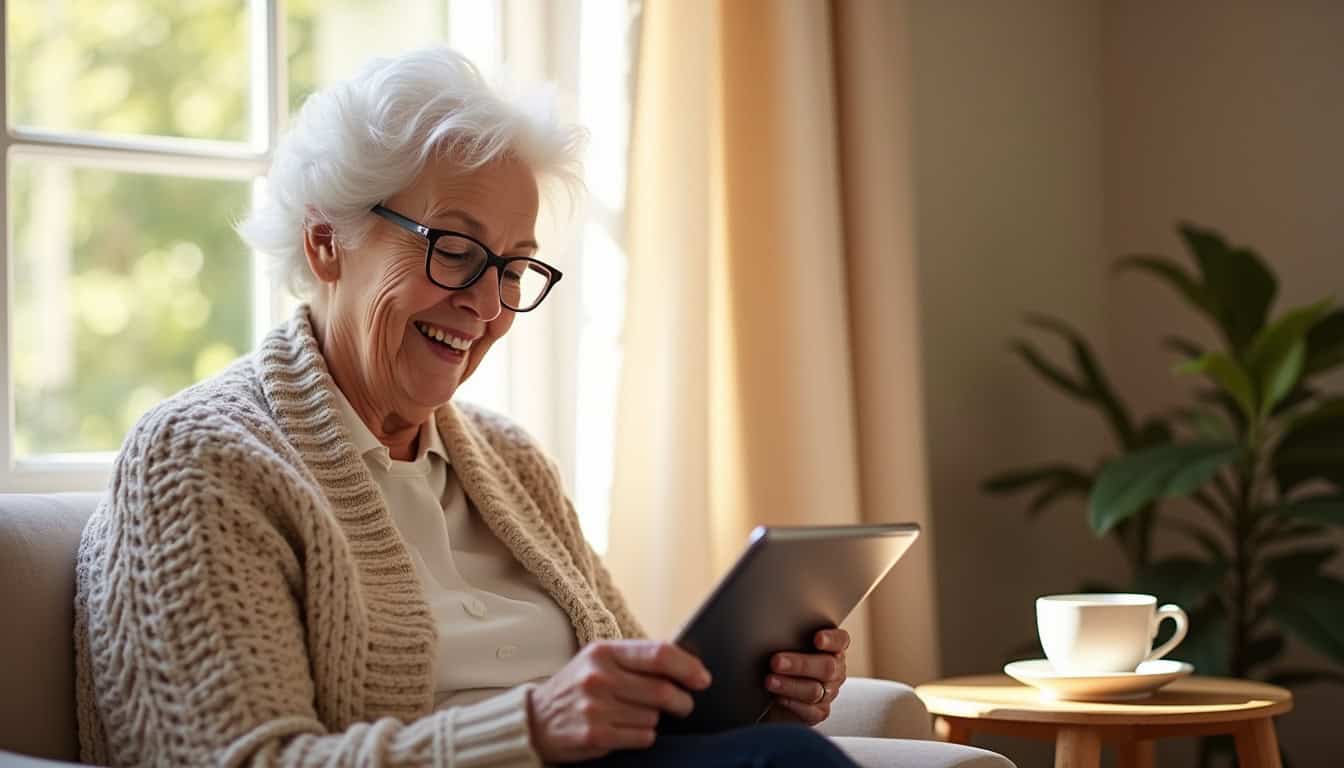 Femme âgée utilisant une tablette, service d'enlèvement de véhicules anciens par Epaviste Nord.
