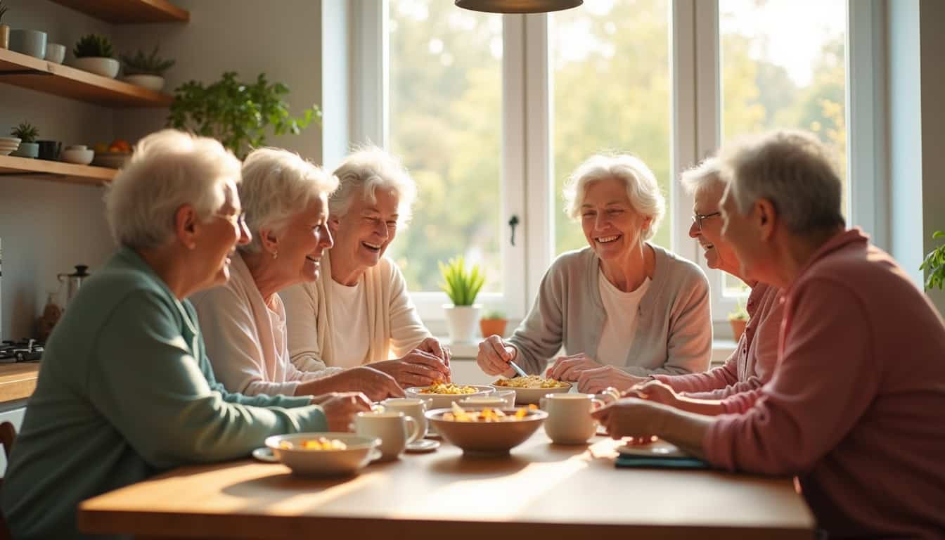 Groupe de seniors partageant un moment convivial dans une cuisine d’un habitat partagé