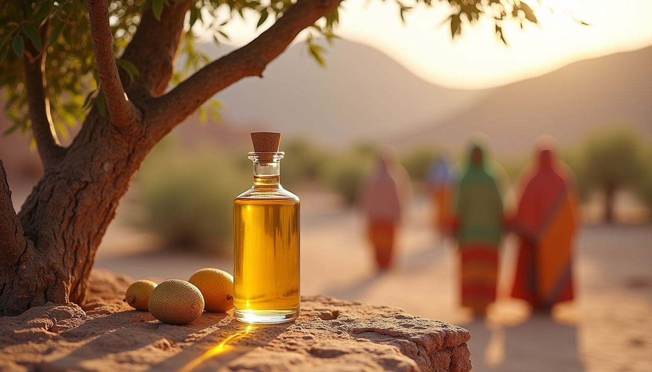 Huile d'olive naturelle sous un arbre dans un paysage ensoleillé.