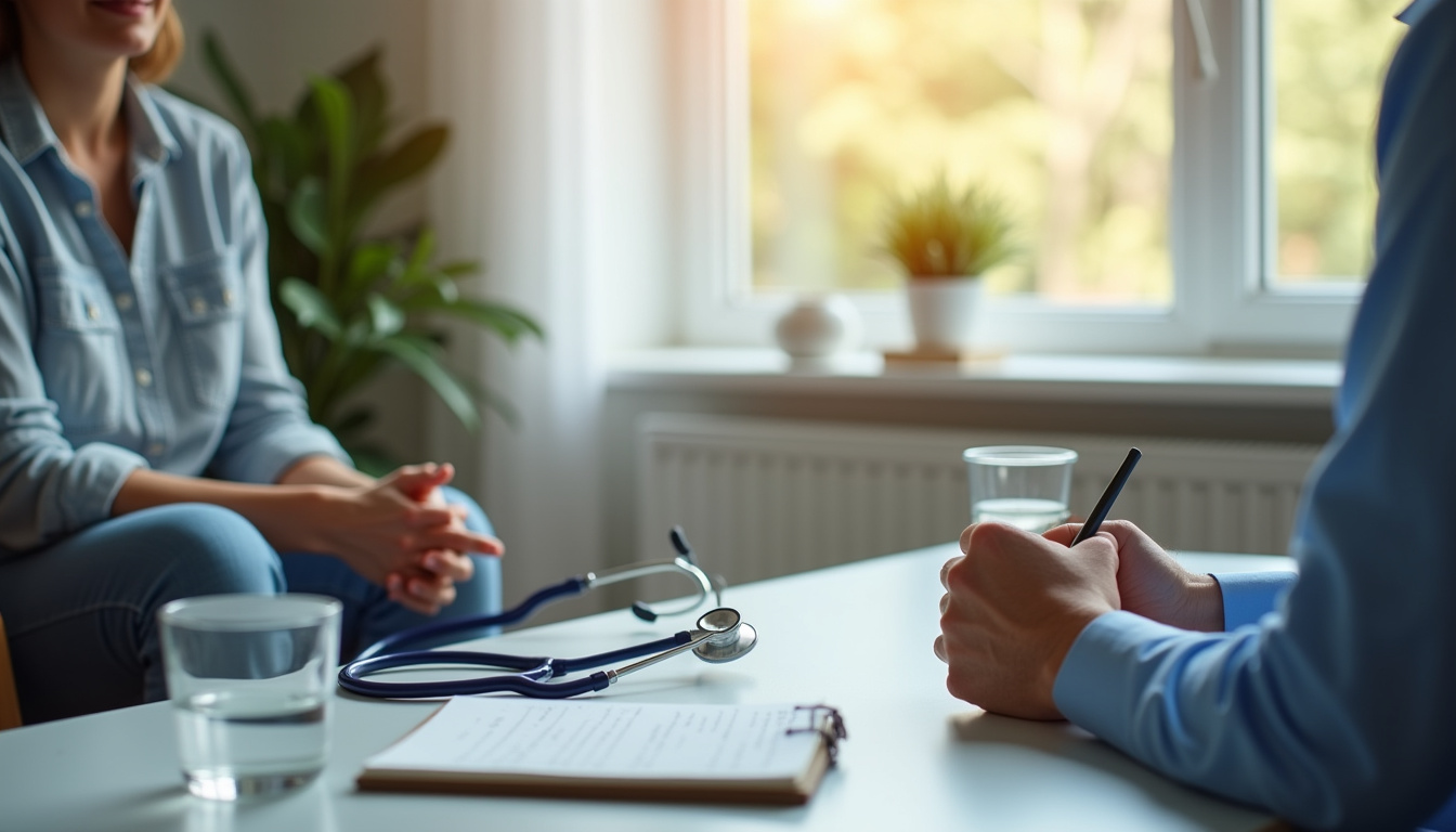 Illustration d'un suivi médical régulier pour la maladie de Crohn, incluant consultations, examens et entretiens