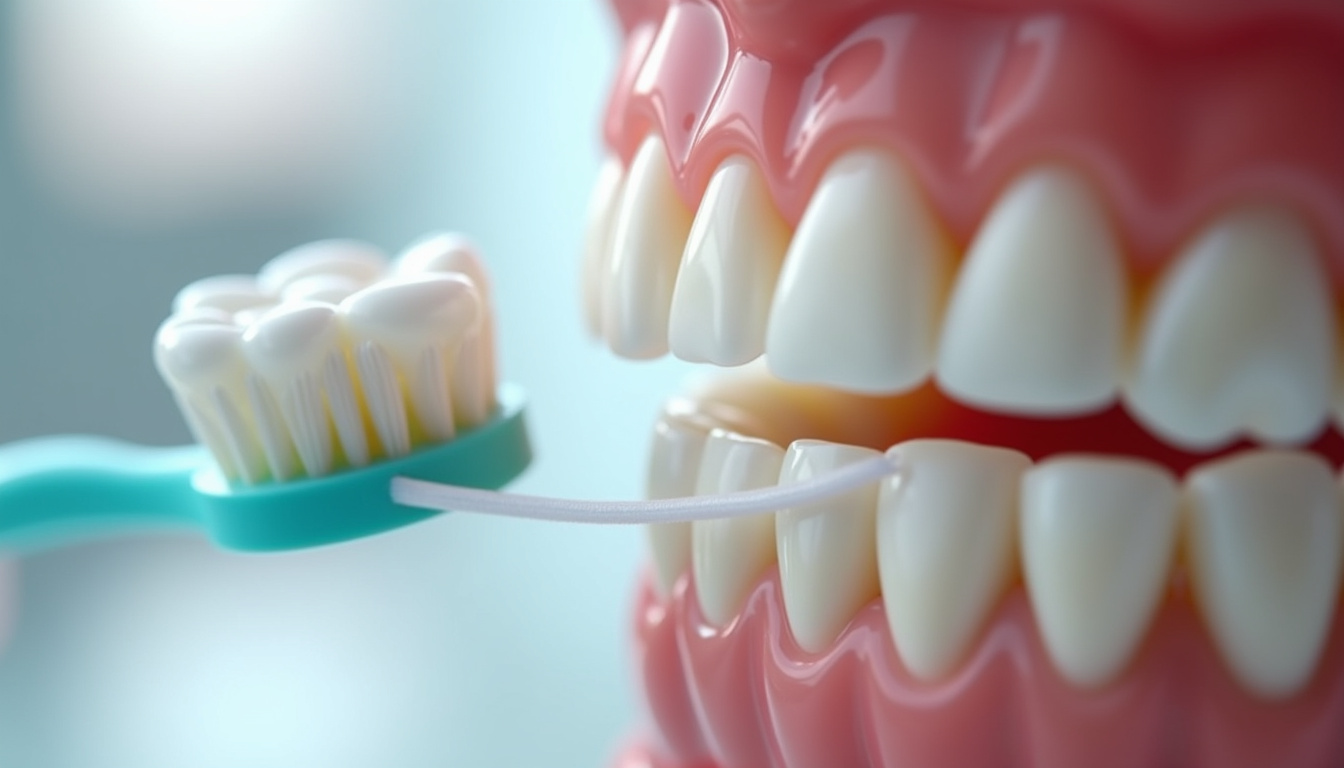 Illustration d’une bonne hygiène bucco-dentaire avec brossage et fil dentaire