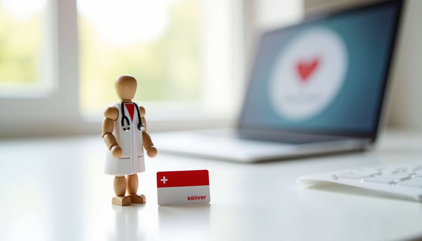 Vétérinaire en consultation avec stéthoscope, figurine en bois et carte de visite sur un bureau lumi.