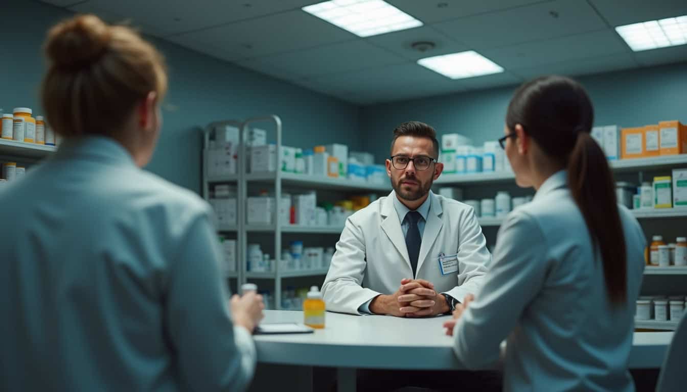 Jeu vidéo ARC Raiders montrant une scène narrative avec un pharmacien en discussion avec un patient dans une officine réaliste