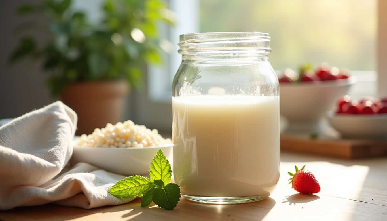 Lait frais dans un bocal en verre avec une feuille de menthe à côté, ambiance lumineuse et naturelle.