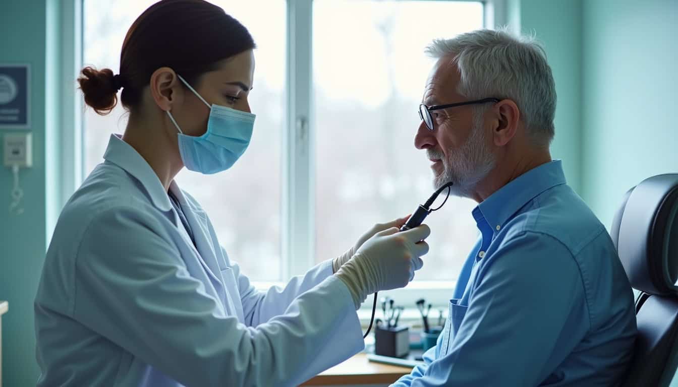 Professionnelle de santé examinant un patient âgé dans un cabinet médical.