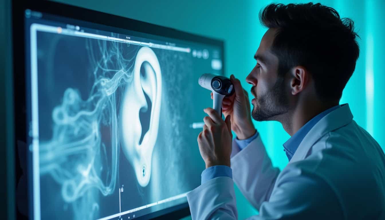 Professionnel médical examinant une oreille à l'aide d'un otoscope numérique.